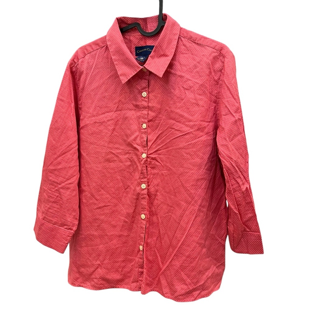 Charter Club 16 100% Cotton Pink Polka Dot 3/4 sleeve Button Down collared Shirt